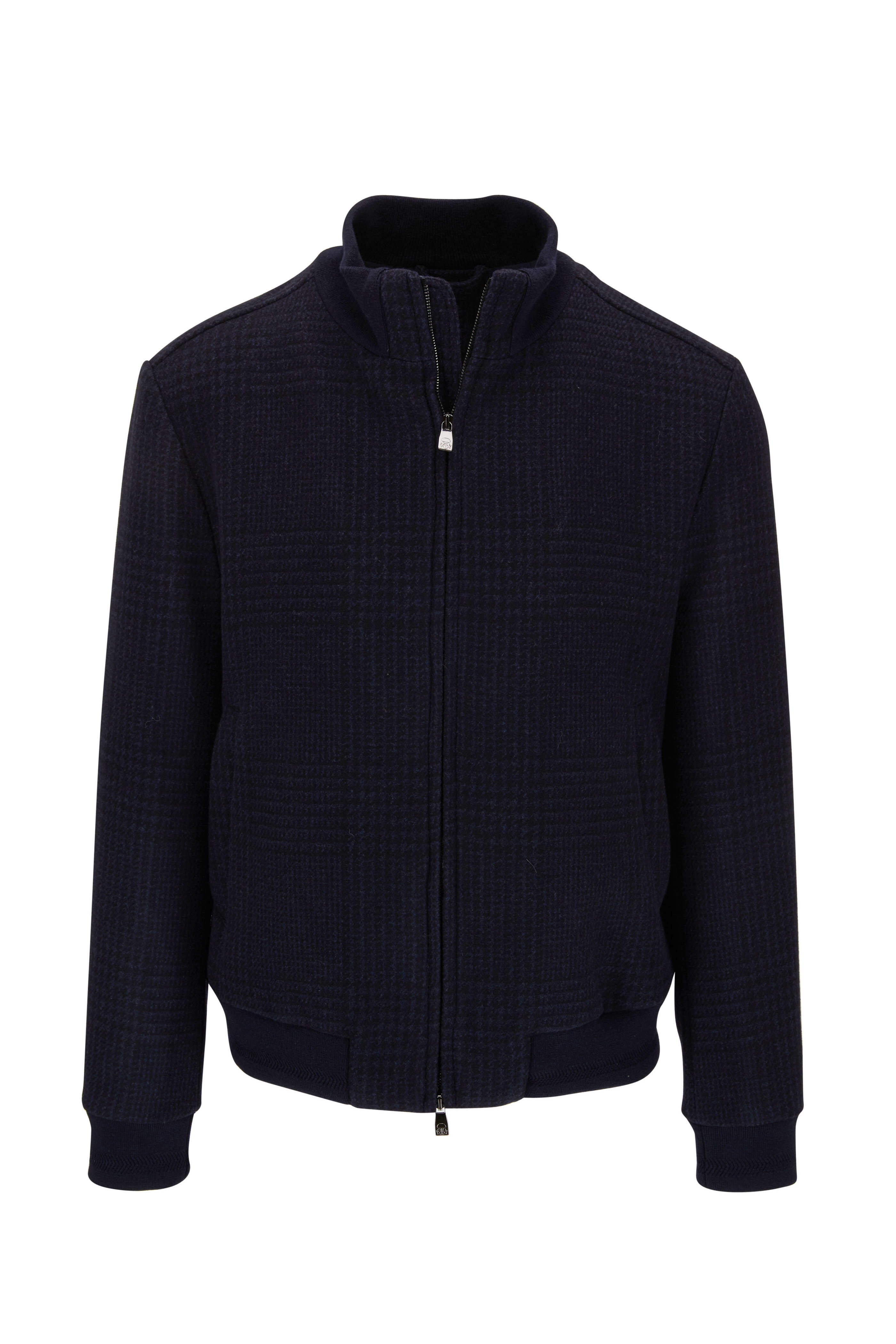 Corneliani - Navy Blue Wool & Cashmere Plaid Bomber Jacket