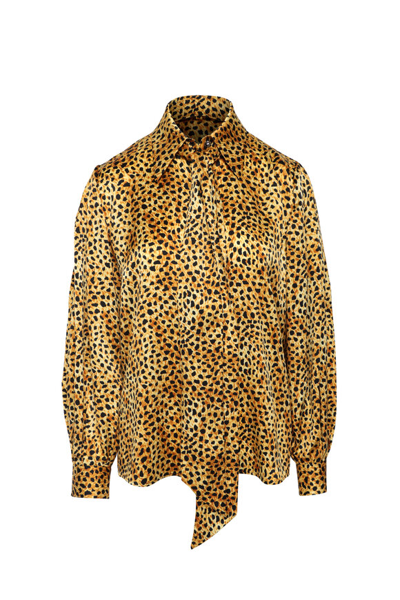 Versace Animal Print Silk Tie Neck Blouse