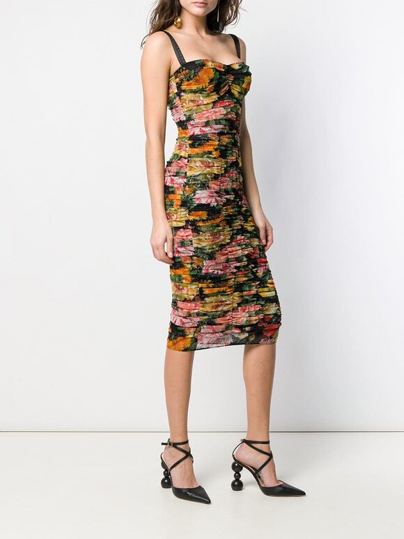 Dolce & Gabbana - Black & Floral Ruched Tulle Dress