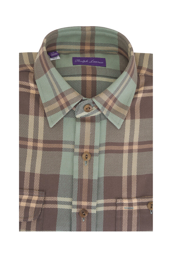 【Mサイズ】Ralph Lauren purple label チェックシャツ Ralph Lauren Purple Label - Sahara Green Ikat Print Linen Shirt