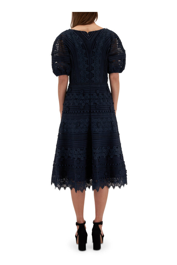 Carolina Herrera - Midnight Floral Embroidered Puff Sleeve Midi Dress