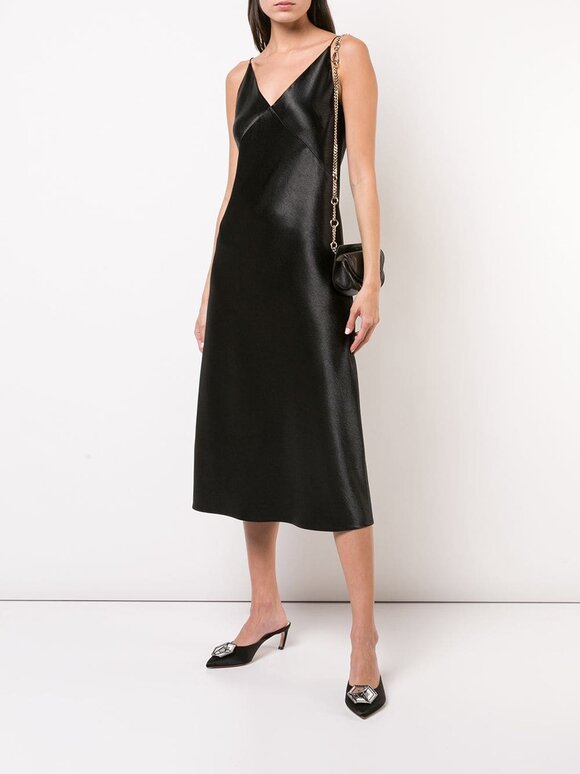 Vince - Metallic Black Satin V-Neck Midi Slip Dress