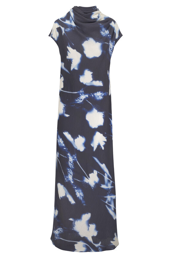 Lela Rose Navy Abstract Floral Crepe Draped Gown