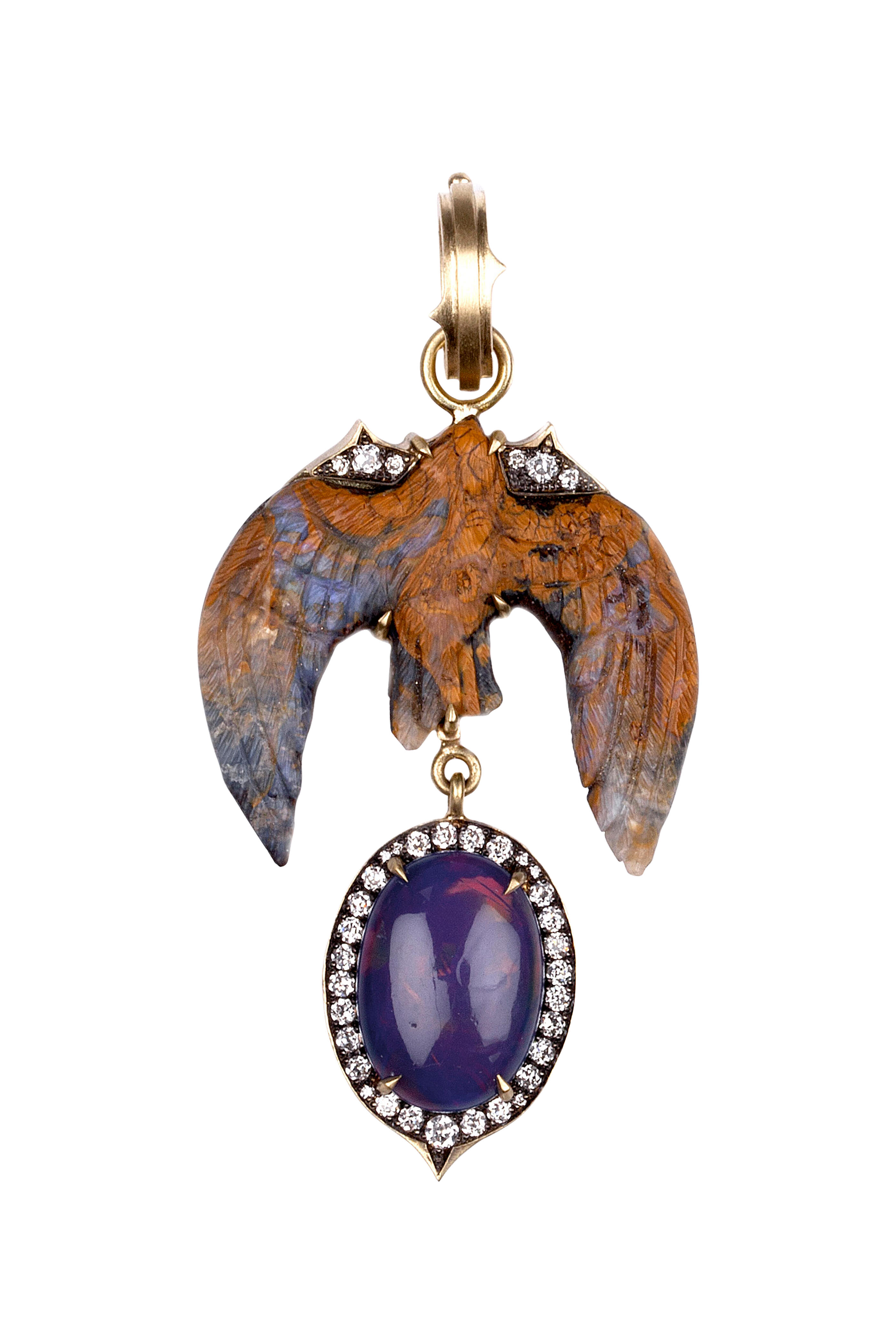 Sylva & Cie - Yellow Gold Boulder Opal Diamond Bird Pendant