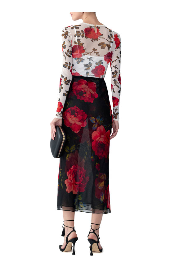 Carolina Herrera Black Multi Rose Print Midi Slip Skirt - view 3