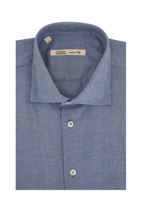 Maurizio Baldassari Blue Herringbone Stretch Cotton Sport Shirt