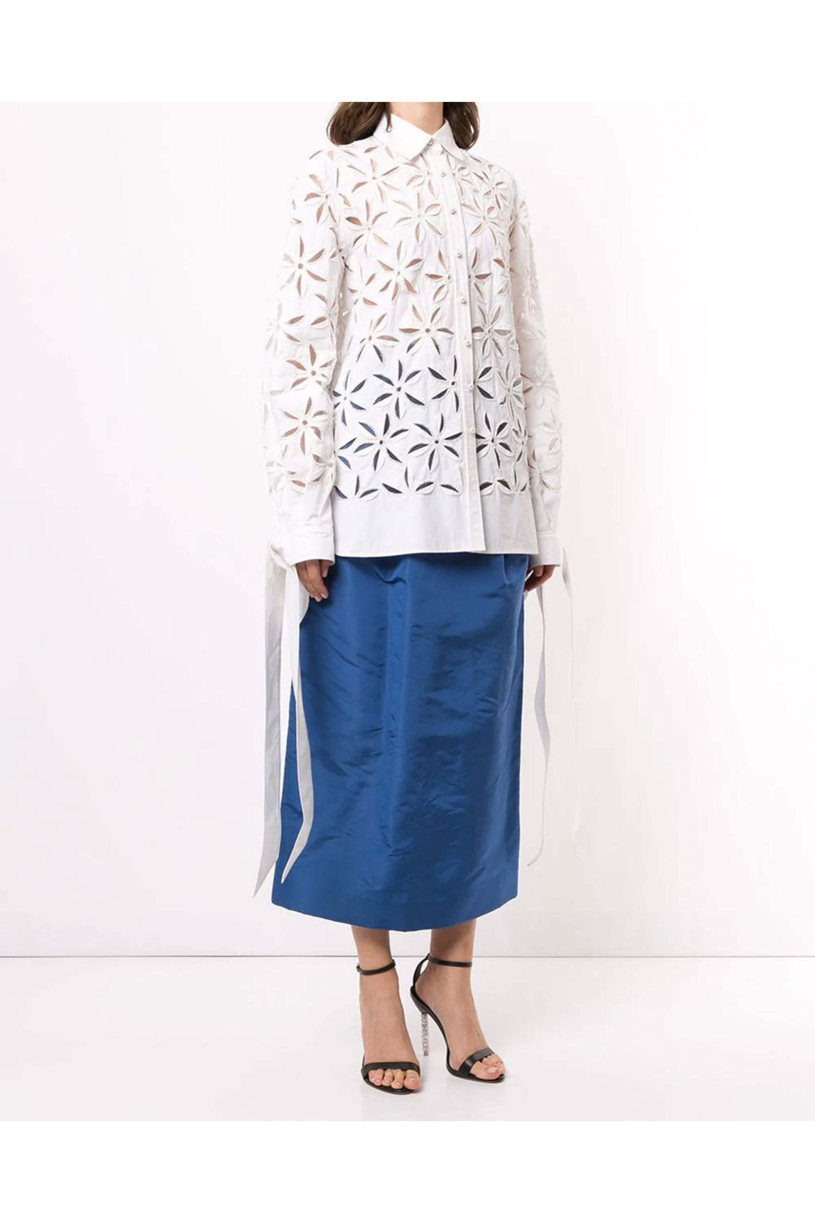 Carolina Herrera - White Floral Cut Out Tie Sleeve Blouse