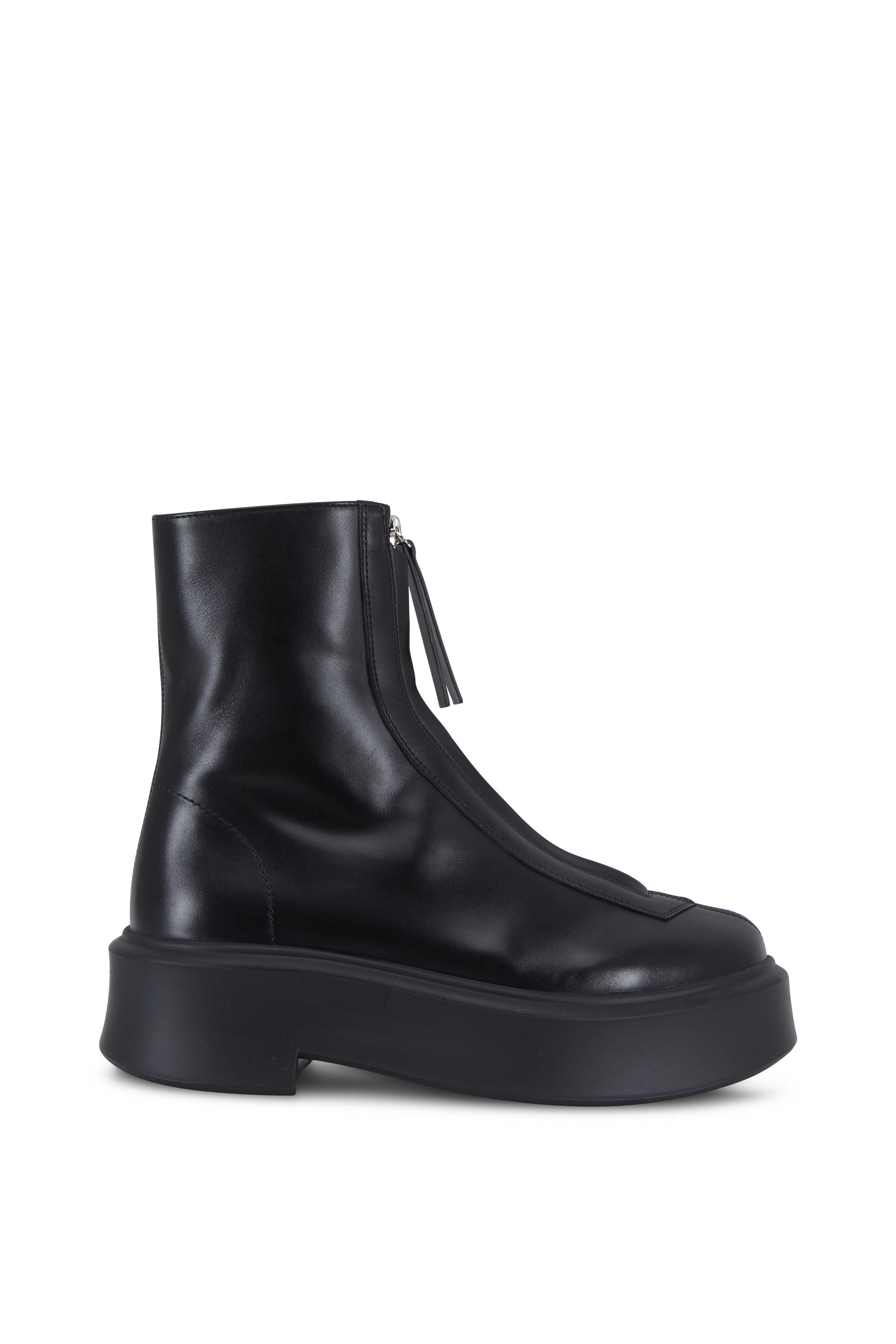 The Row - Zipped Black Leather Lug Sole Short Boot