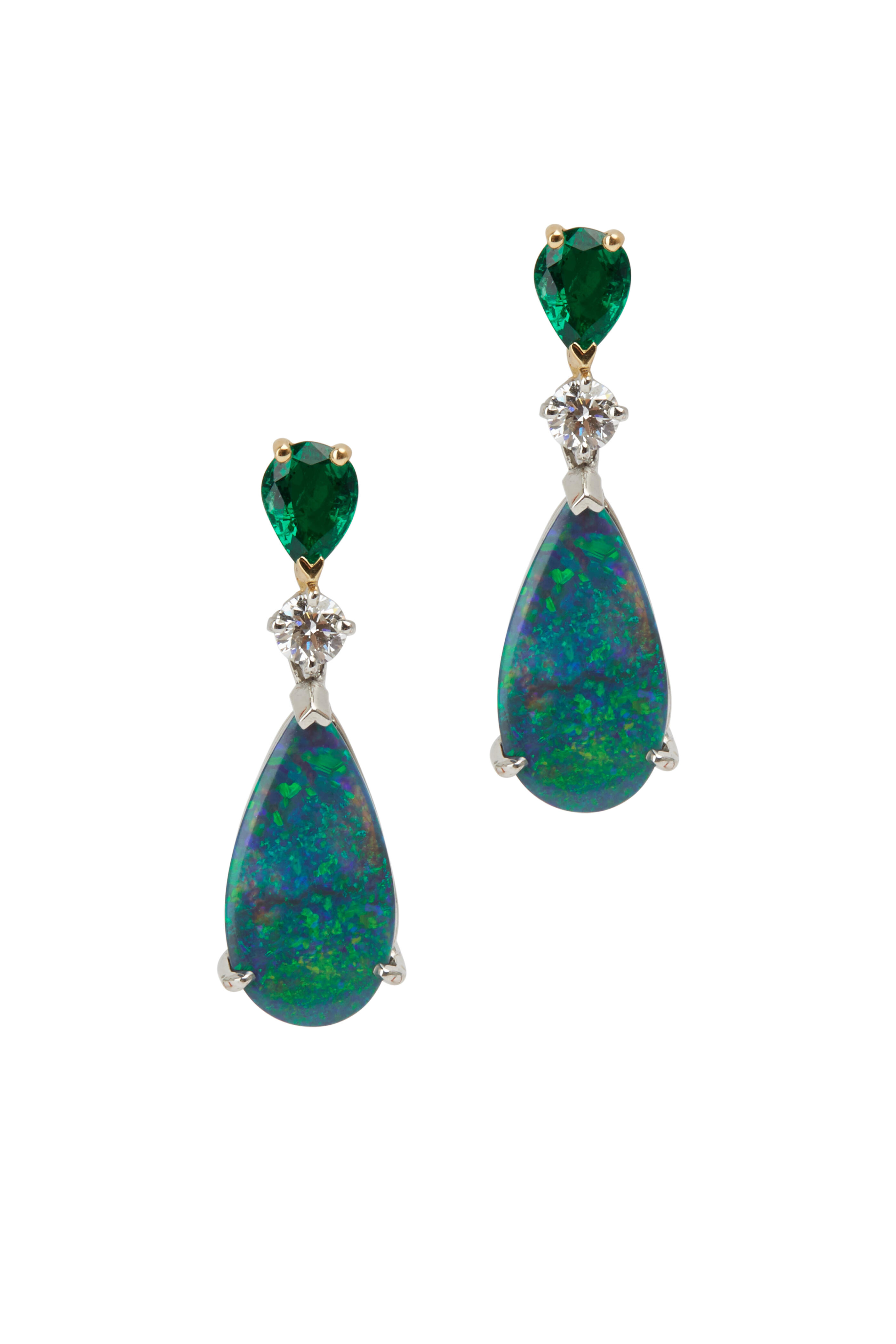 Oscar Heyman - Platinum Opal Emerald Diamond Drop Earrings