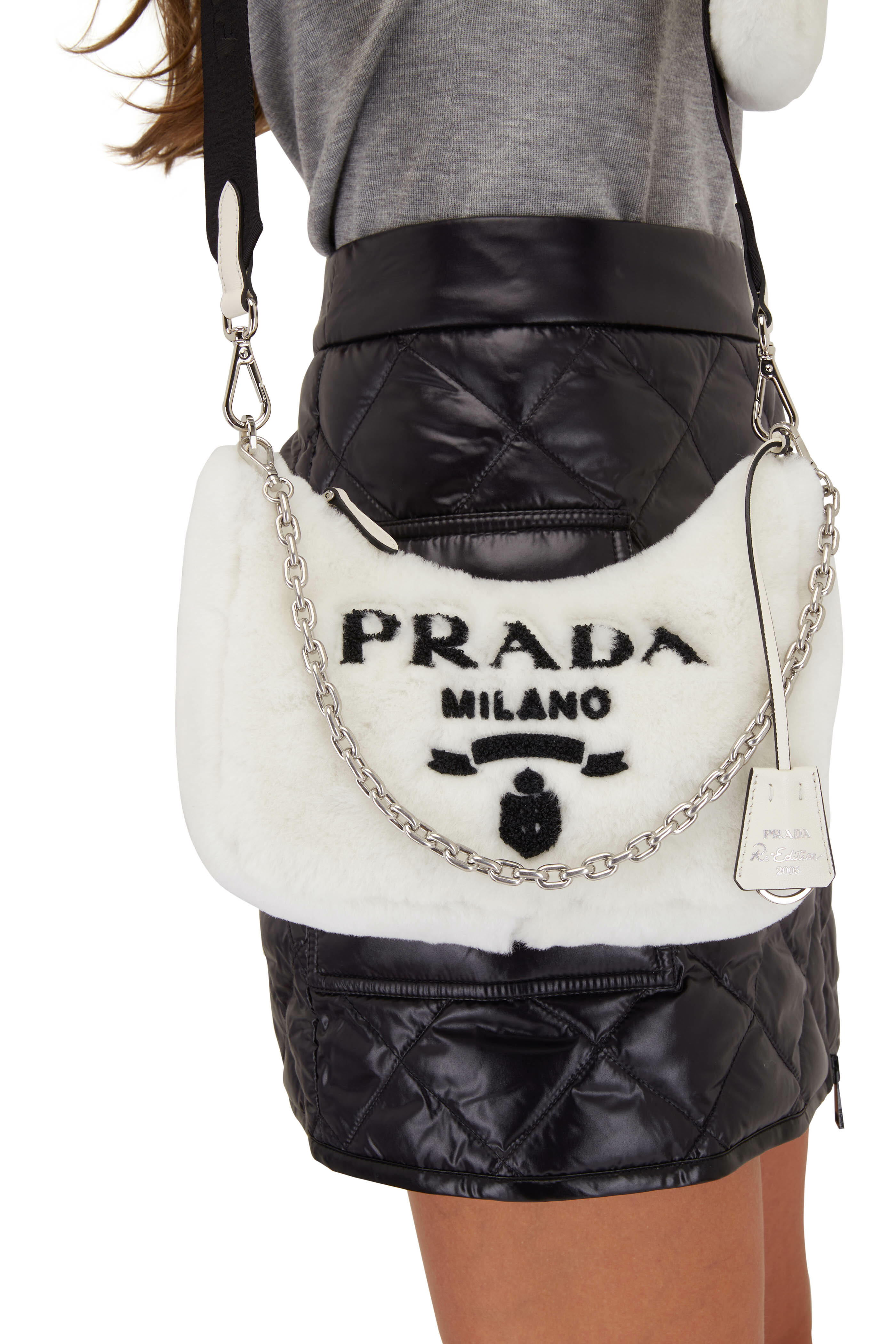 Prada - White Logo Shearling Shoulder Bag | Mitchell Stores