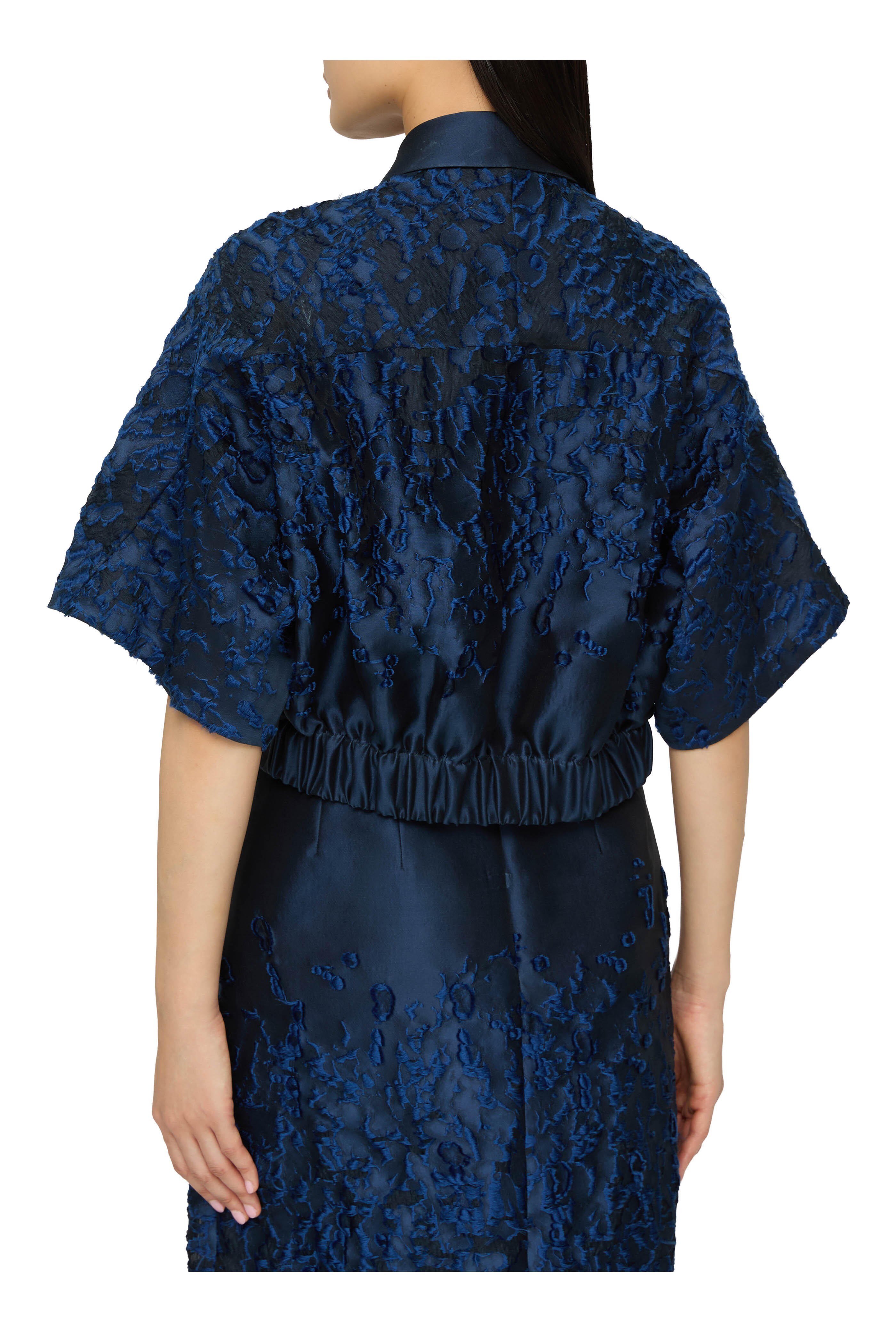 Lafayette 148 New York - Dark Blue Jacquard Zip Front Cropped Jacket