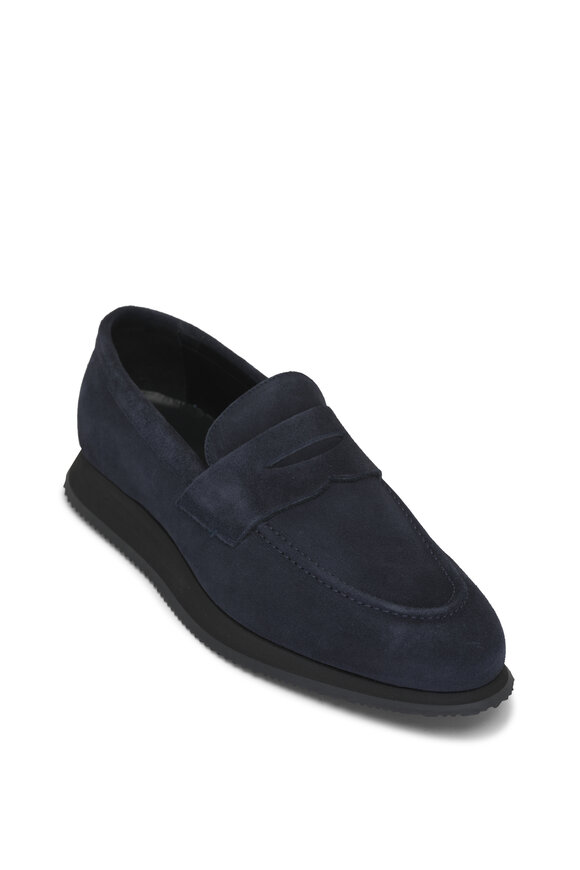 G Brown Navy Blue Thick Sole Suede Penny Loafer 