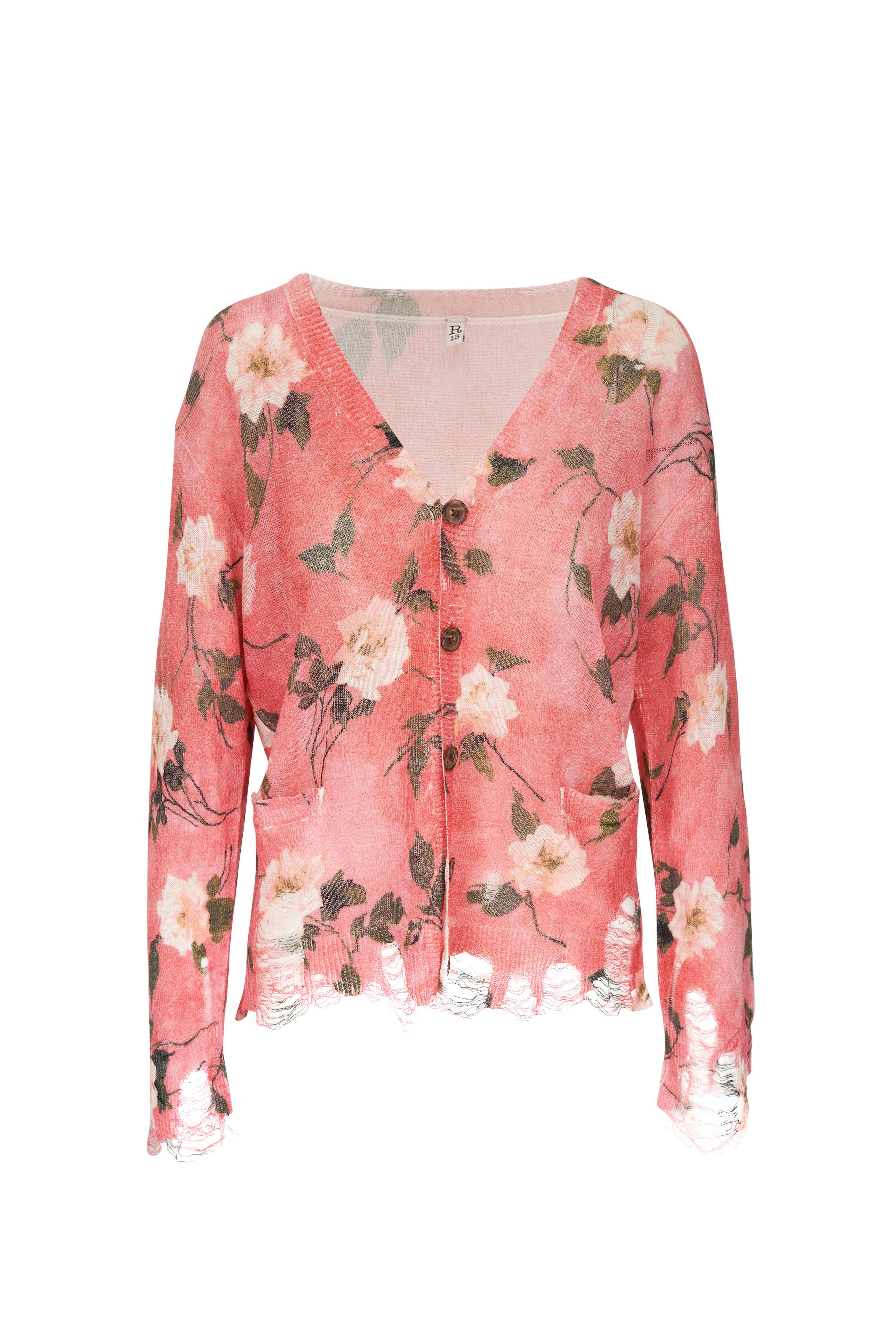 R13 Boyfriend Pink Floral Distressed Linen Cardigan