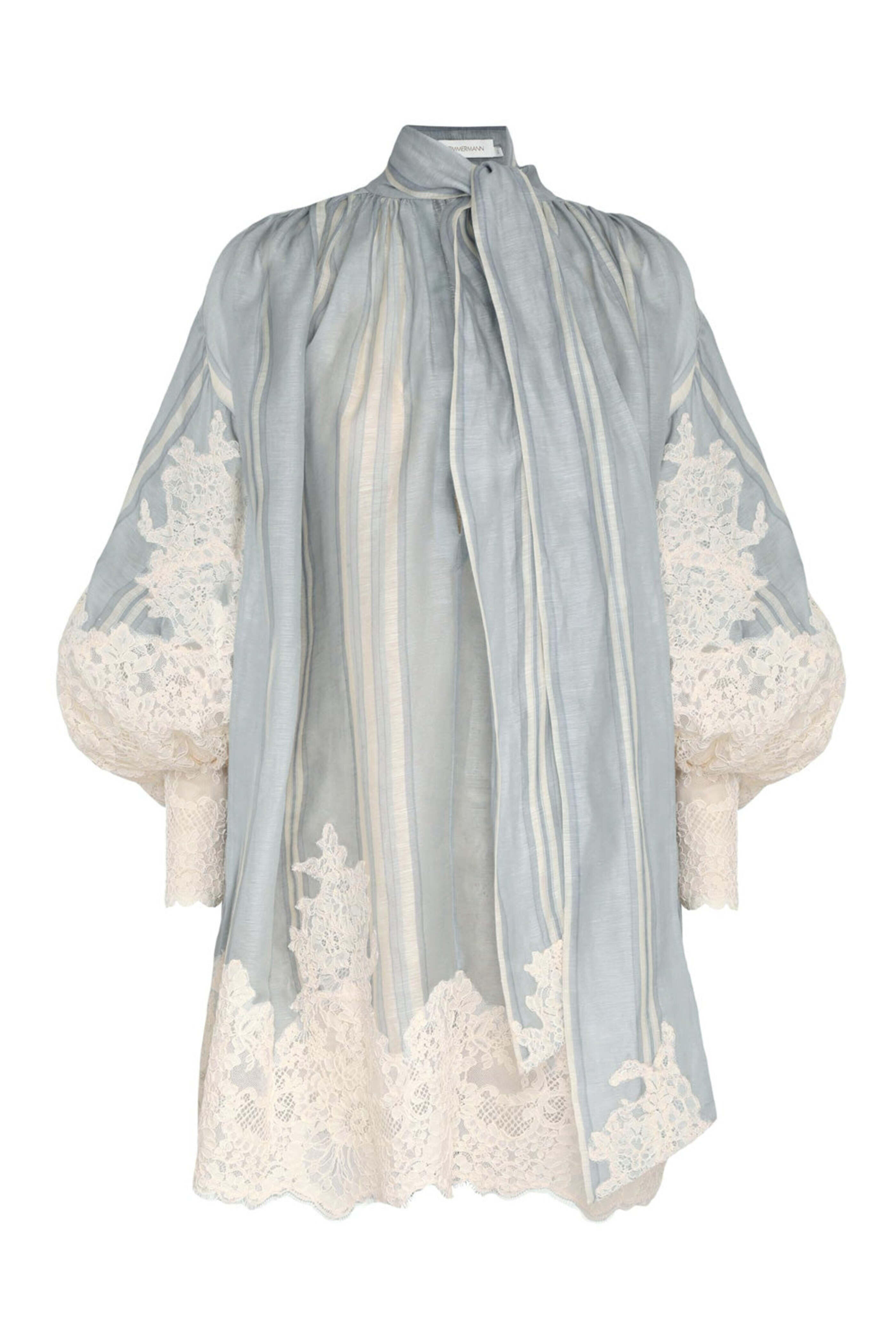 Zimmermann - Blue and Cream Lyrical Lace Tie Mini Dress
