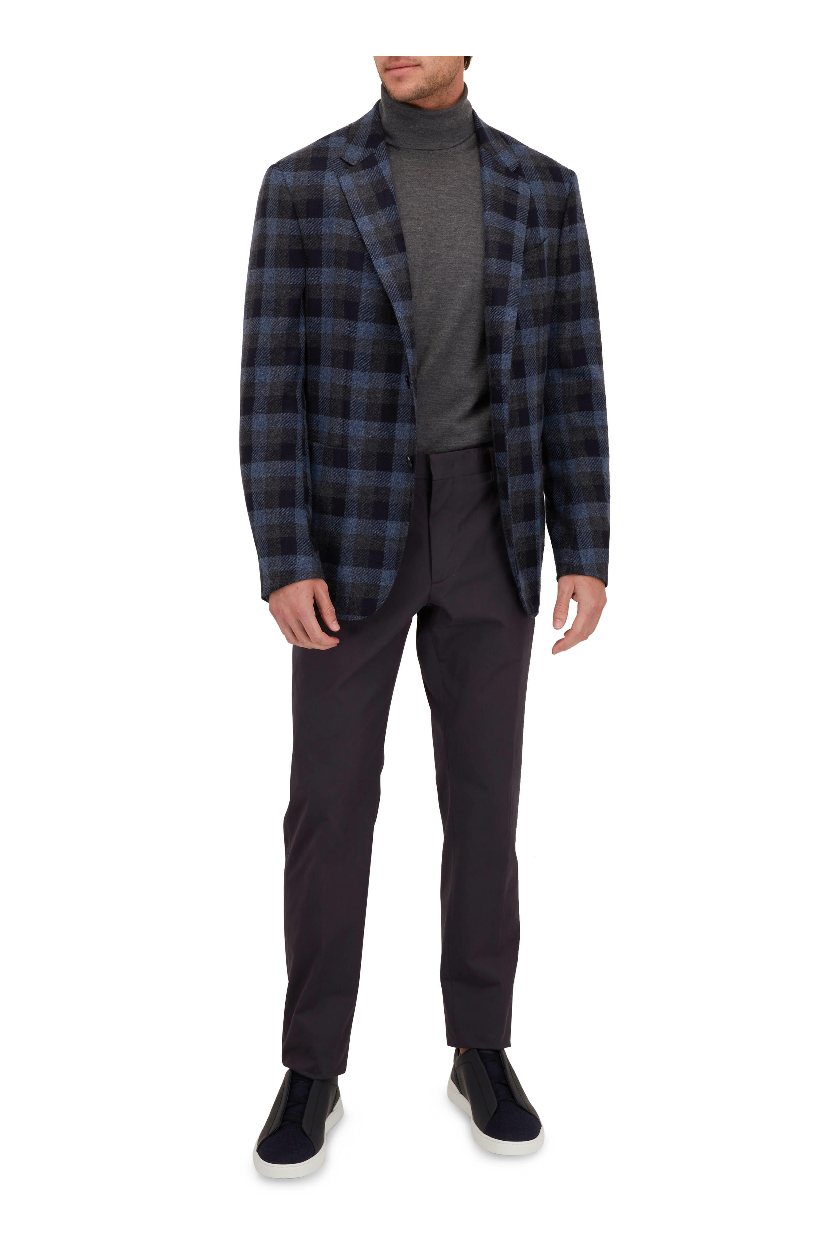 Zegna - Blue & Gray Bold Check Silk Blend Sportcoat