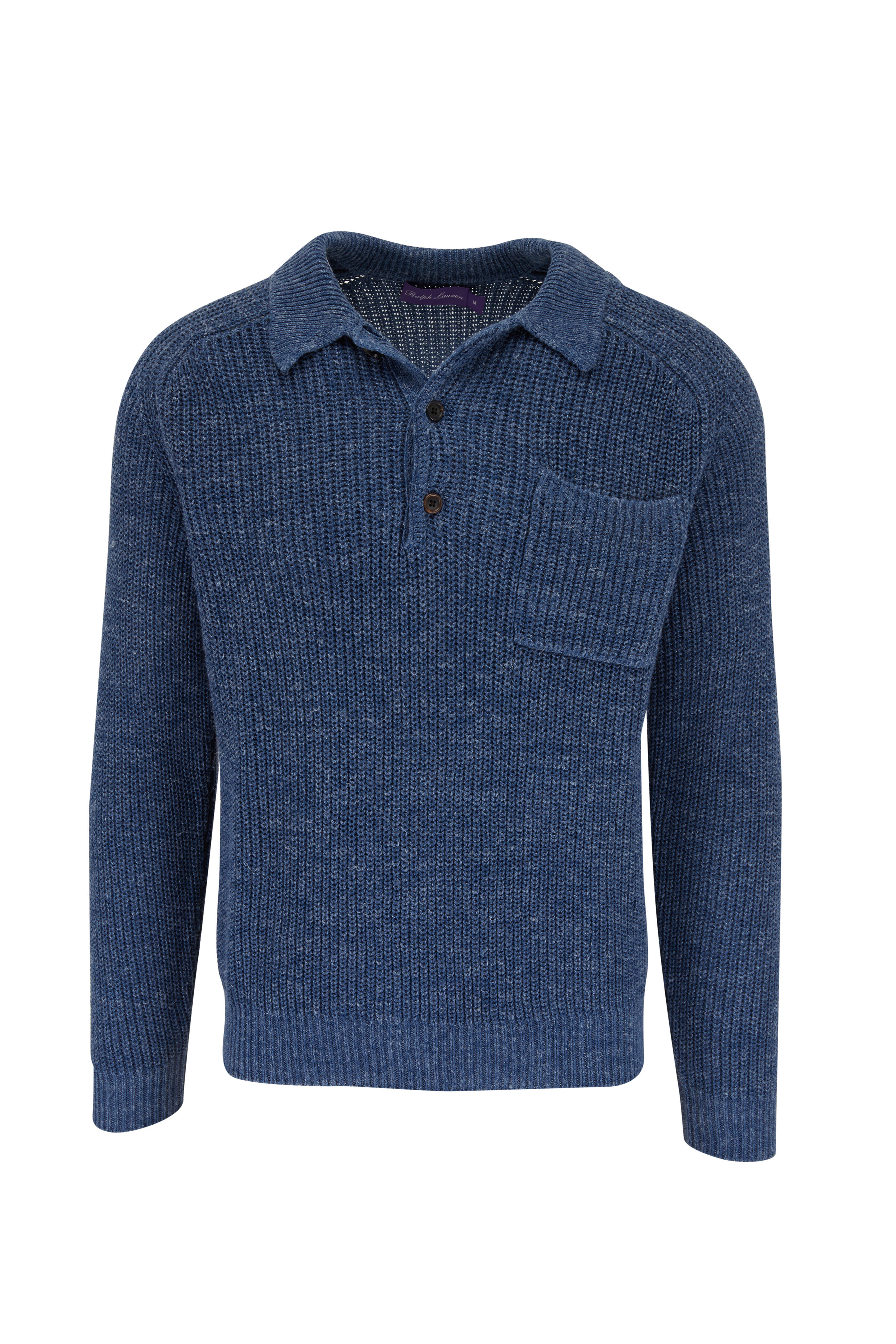 Ralph Lauren Purple Label - Fairfax Blue Ribbed Silk & Linen Polo Sweater