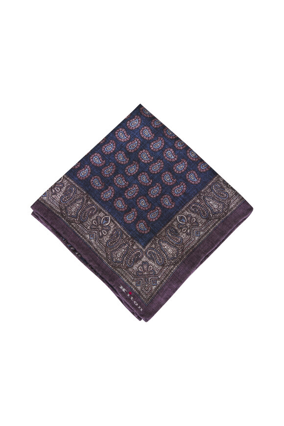 Kiton Navy Blue Paisley Silk Pocket Square - view 1