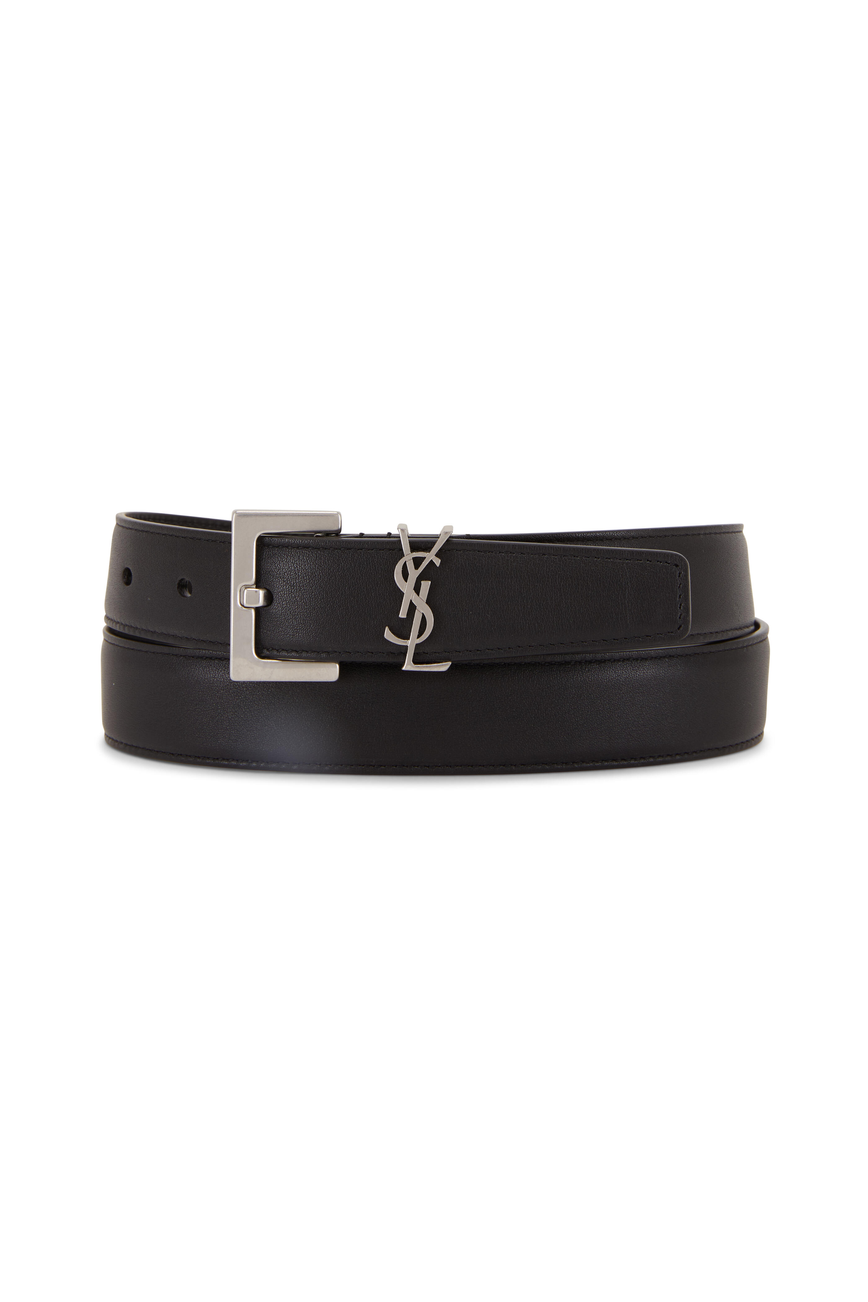 Saint Laurent Golden Ysl Monogram Leather Belt In Black