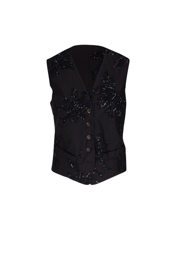 Brunello Cucinelli - Black Embroidered Crinkle Cotton Vest