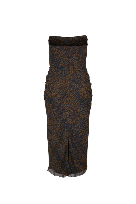 Carolina Herrera Black & Brown Animal Print Draped Strapless Dress - view 2