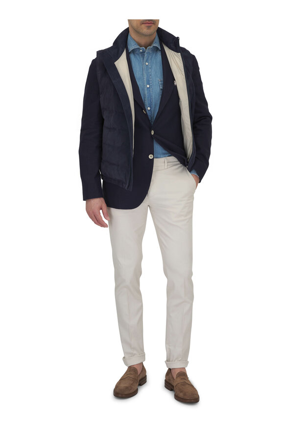 Brunello Cucinelli Navy Suede Down Puffer Vest  - view 2