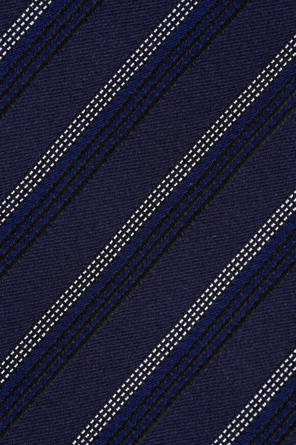 Zegna Navy Blue Stripe Silk & Cotton Necktie - view 2