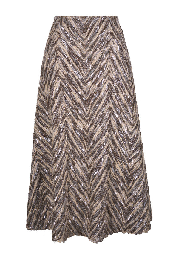 Brunello Cucinelli Natural Embroidered Fit & Flare Chevron Skirt