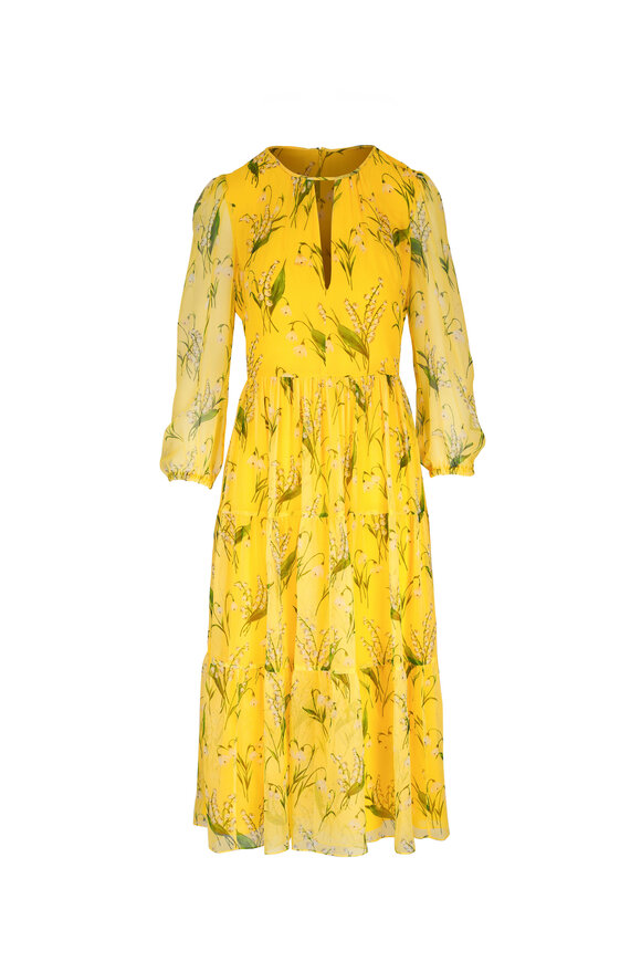 Carolina Herrera Yellow Floral Cutout Tiered Midi Dress  
