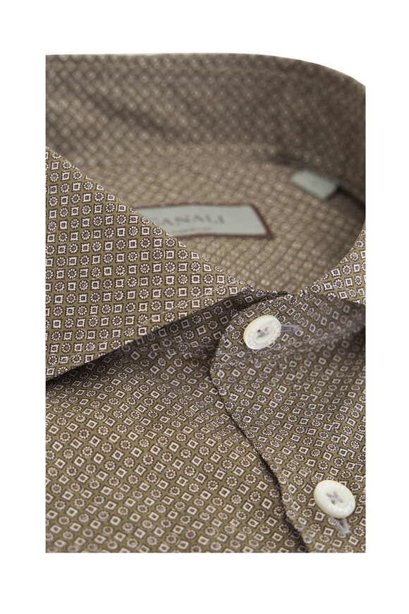 Canali - Tan Geometric Print Cotton Sport Shirt 