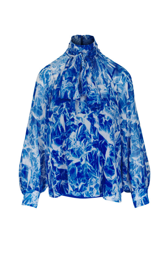 Akris Twilight Blue Whitecaps Print Tie Neck Bow Blouse