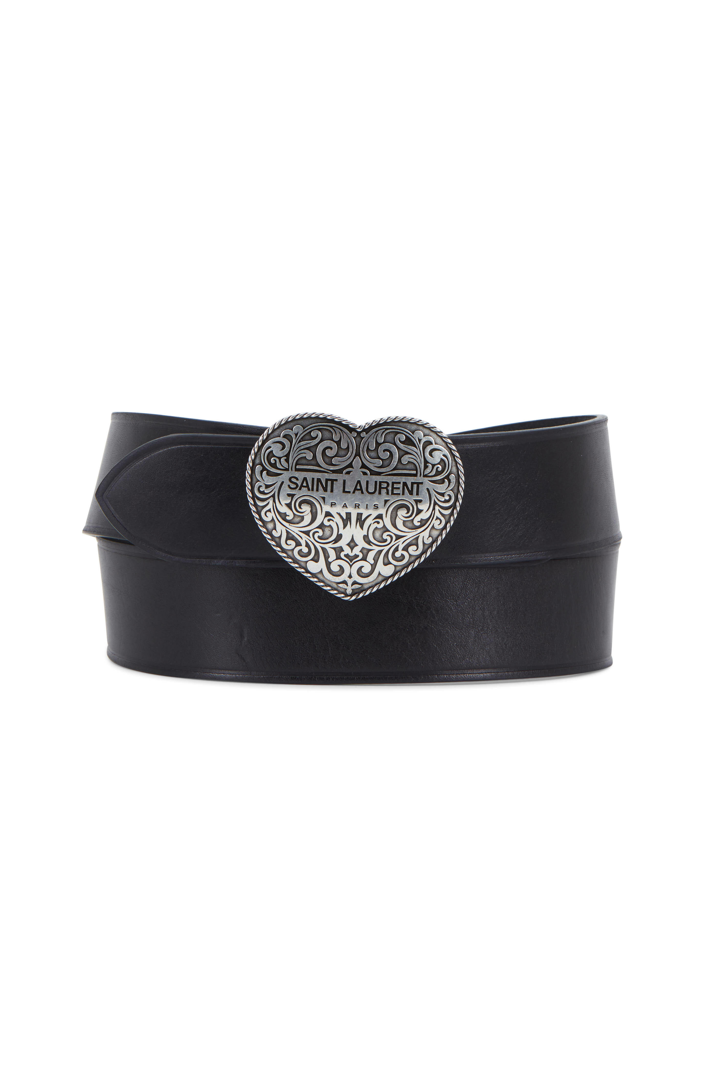 Saint Laurent - Black Leather Texan Heart Buckle Belt