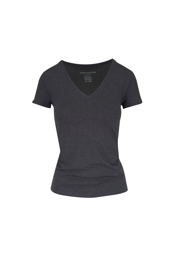 Majestic Anthracite Stretch Linen V-Neck T-Shirt