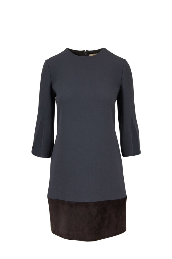 Olivine Gabbro - Storm Wool & Suede Hem Three-Quarter Sleeve Dress