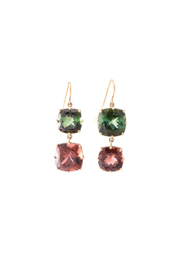 Sylva & Cie Green & Pink Tourmaline Double Drop Earrings