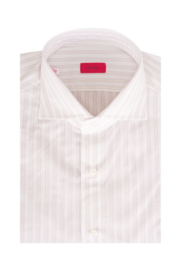 Isaia Tan & White Stripe Cotton Dress Shirt - view 1