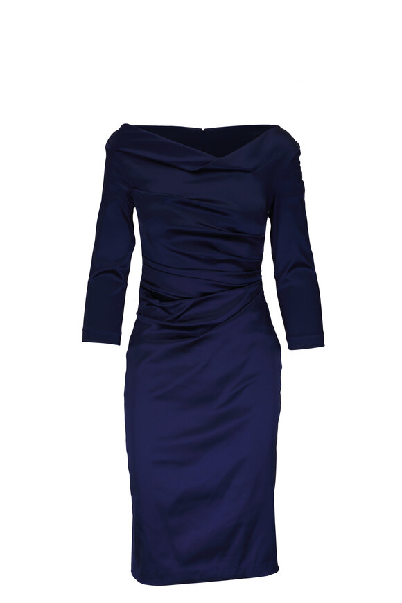 Talbot Runhof Navy Blue Ruched Cocktail Dress