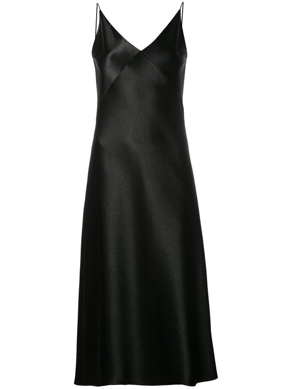 Vince - Metallic Black Satin V-Neck Midi Slip Dress