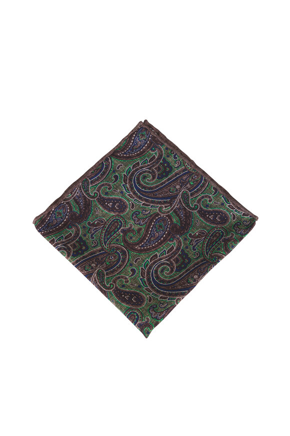 Kiton Green Paisley Silk Pocket Square - view 2