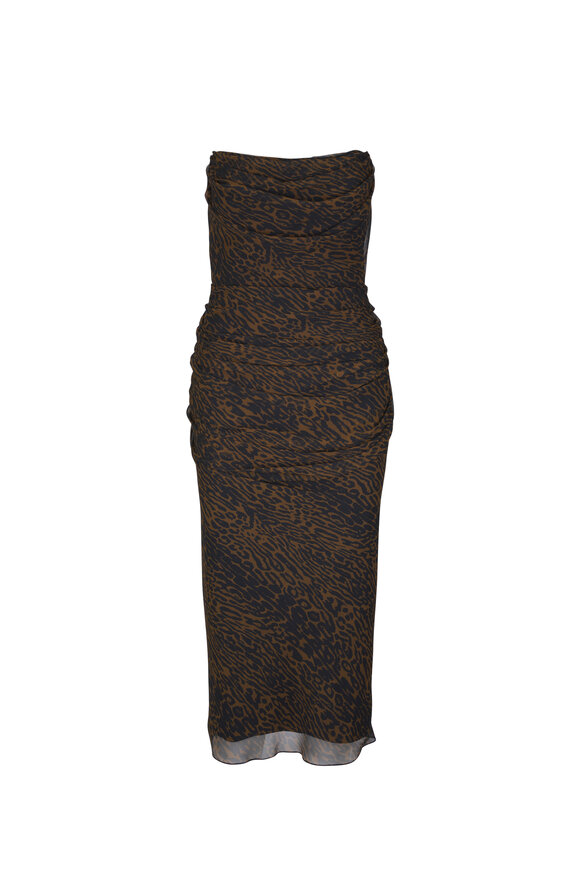 Carolina Herrera Black & Brown Animal Print Draped Strapless Dress - view 1