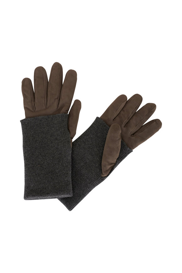 Brunello Cucinelli Bottle Green Rib Knit Suede Gloves