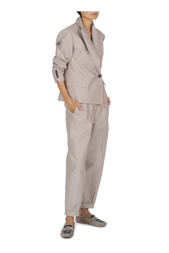 Brunello Cucinelli - Brown & White Asymmetrical Pinstripe Jacket