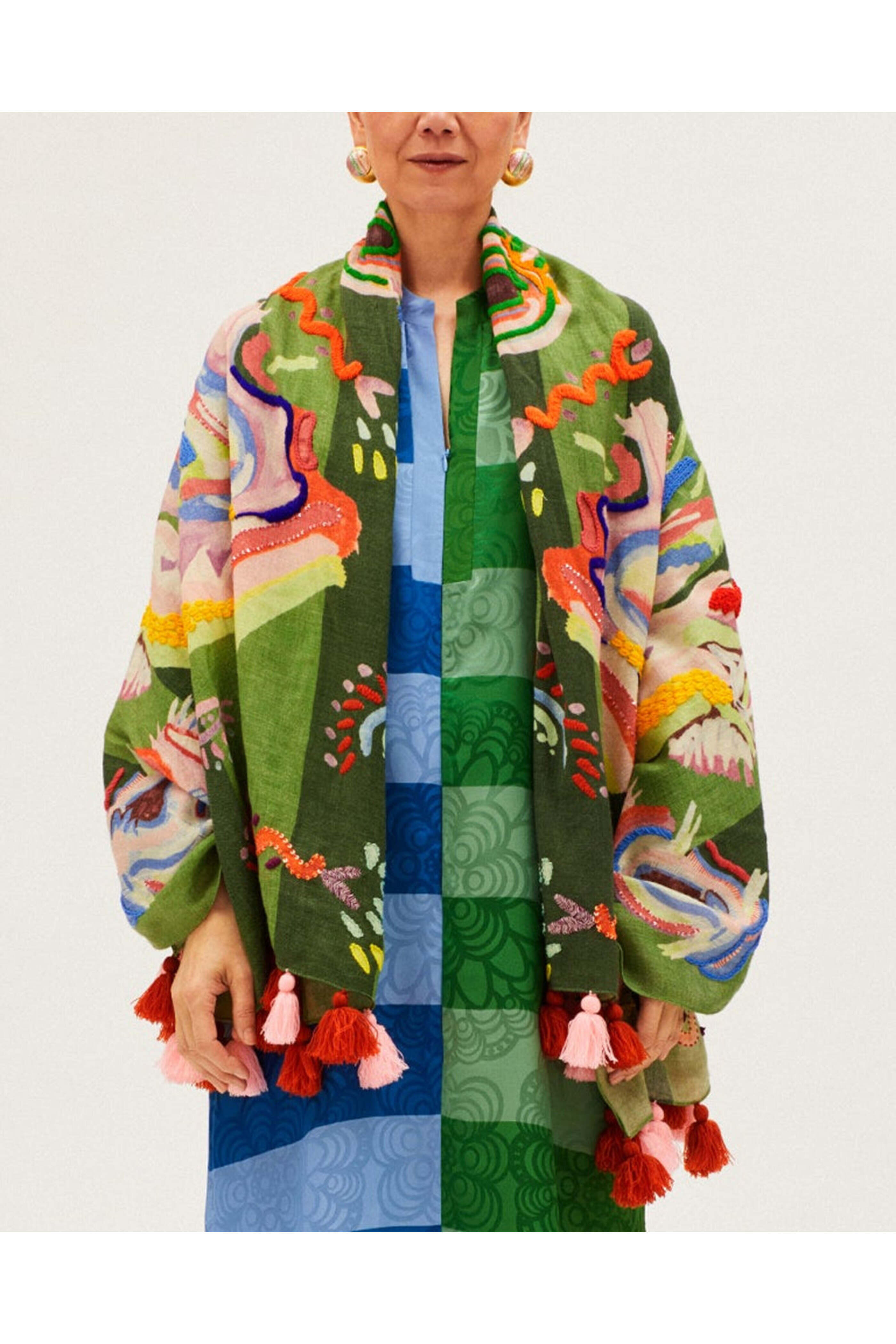 Rianna + Nina - Oniro Green Embroidered Fantasia Eris Scarf
