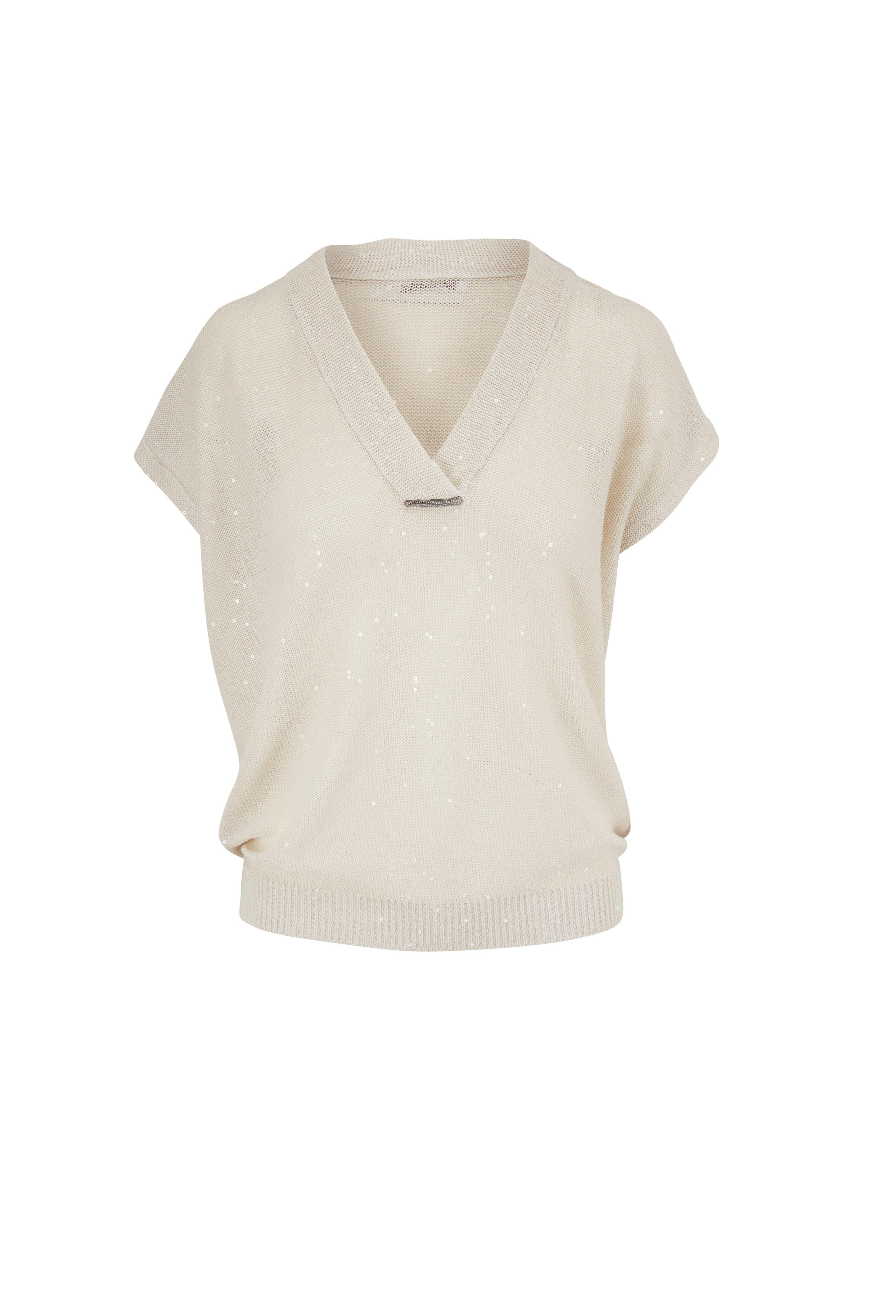 フィットネストップス BRUNELLO CUCINELLI Women Sweater MH827FB706C600 White Brunello Cucinelli - Oat Linen & Silk Paillette Cap Sleeve