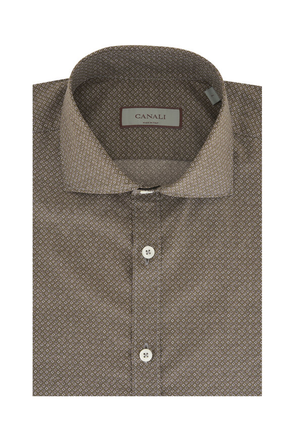 Canali - Tan Geometric Print Cotton Sport Shirt 