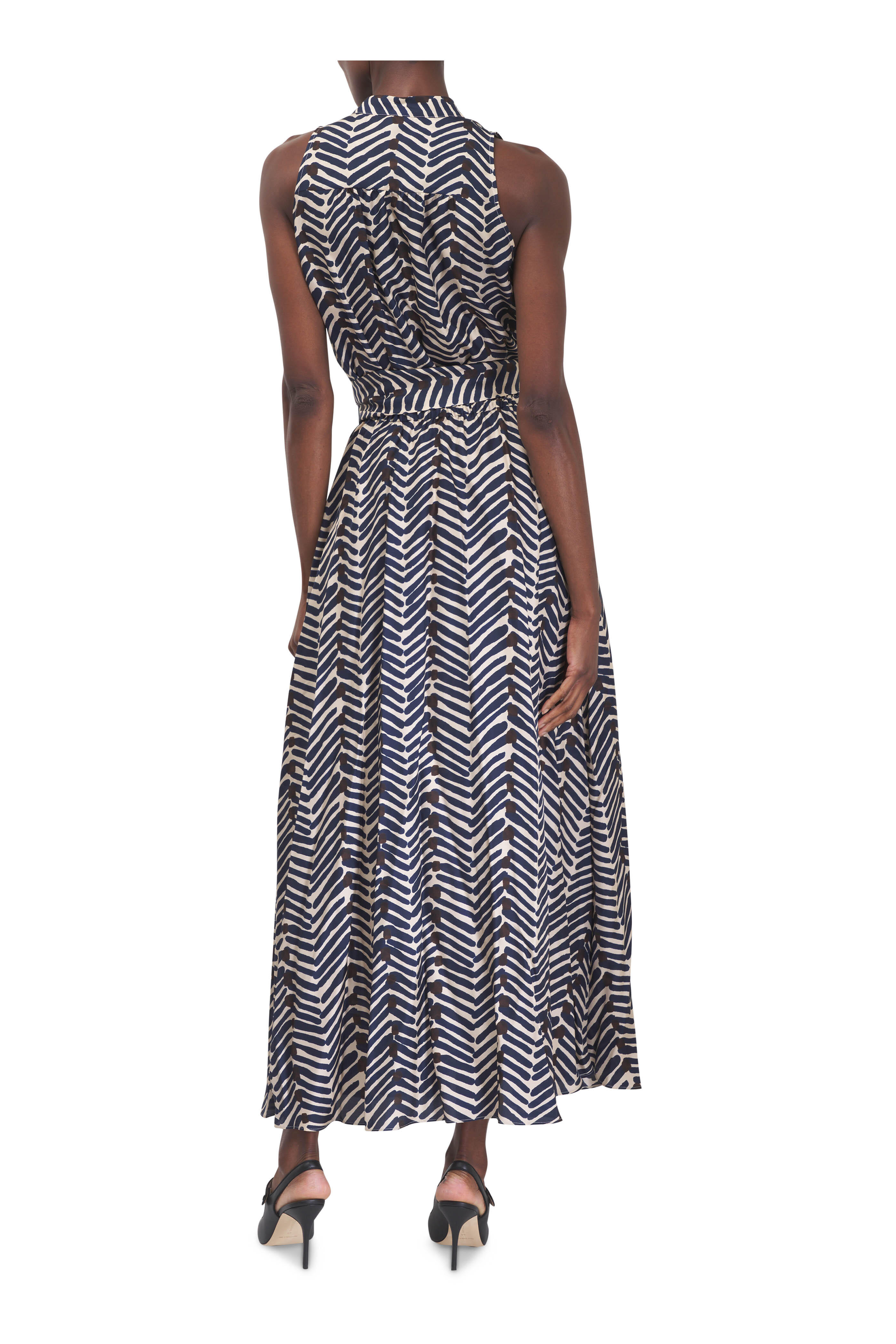 Kiton - White & Navy Print Silk Maxi Dress
