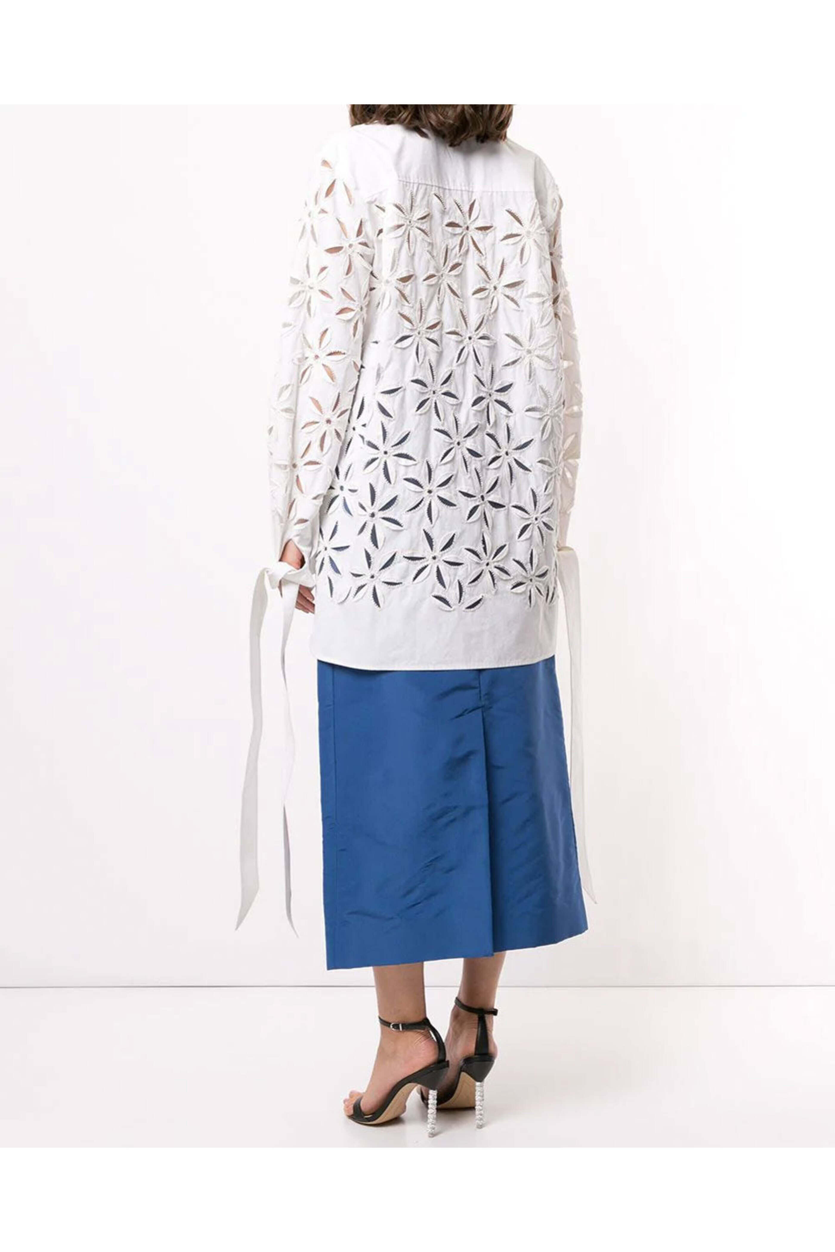 Carolina Herrera - White Floral Cut Out Tie Sleeve Blouse