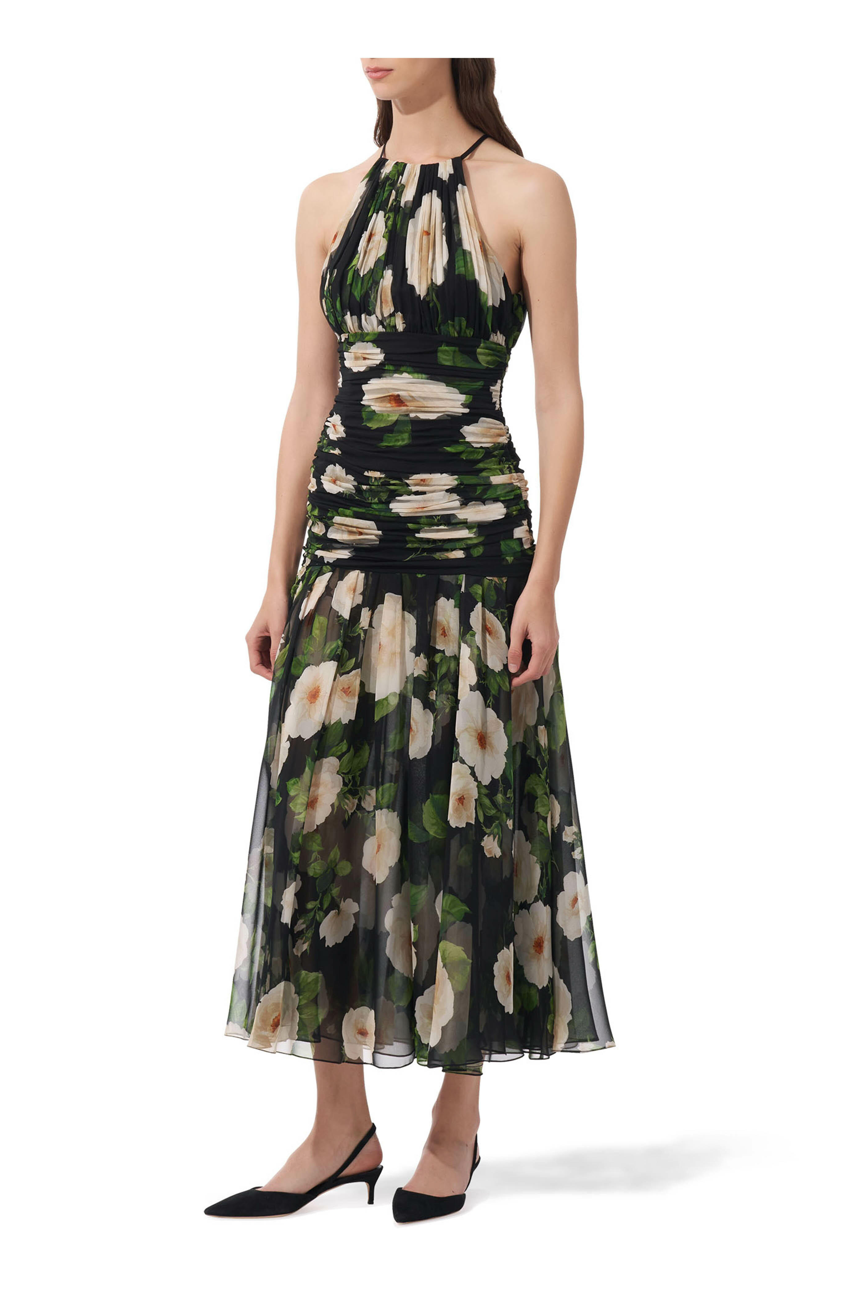Carolina Herrera - Black Multicolor Rose Print Chiffon Midi