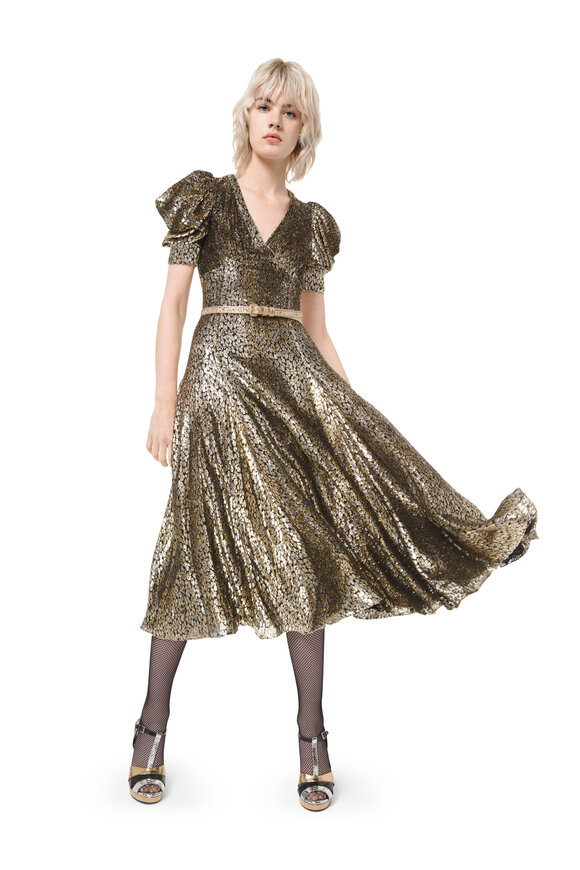 Michael Kors Collection - Gold & Silver Leopard Short Puffed Sleeve Dress