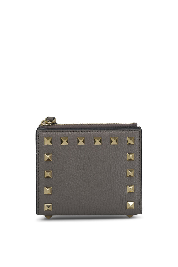 Valentino Garavani Moon Taupe Rockstud French Flap Leather Wallet 