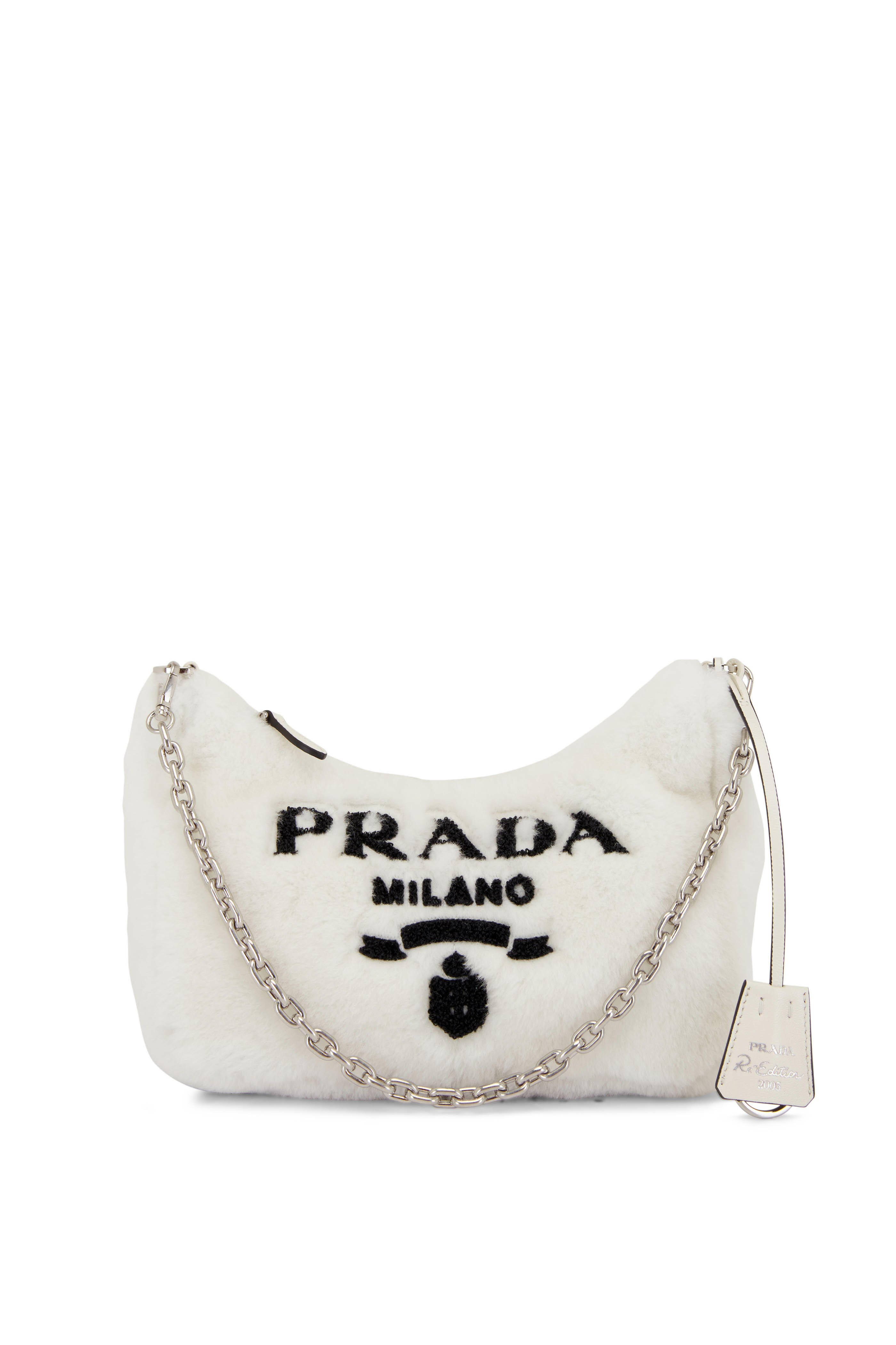 Prada White Logo Shearling Shoulder Bag Mitchell Stores